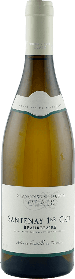 Santenay AC Beaurepaire 1ER Het label is traditioneel vormgegeven met een witte achtergrond en eenvoudige, klassieke typografie. Er staat geen afbeelding op, enkel tekst in verschillende groottes. Er is een dunne groene lijn onderaan het label en een golvende rand aan de bovenkant van het label. Het geheel oogt minimalistisch en klassiek.