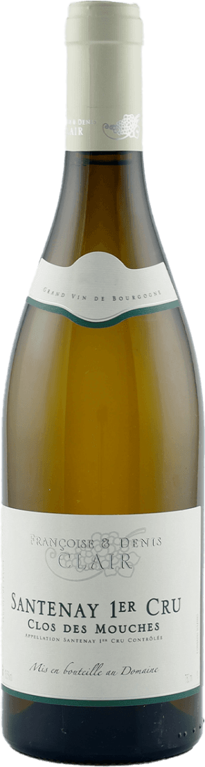 Francoise et Denis Clair - Santenay AC Clos des Mouches 1ER Het label van de wijnfles is minimalistisch en traditioneel. Het bevat tekst in een elegante, klassieke typografie. Er is een afbeelding van druiven aanwezig op het label.