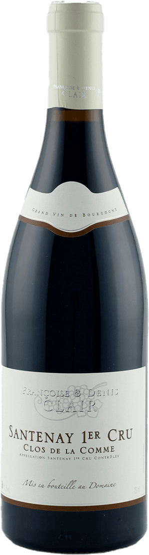 Santenay AC Clos de la Comme 1ER Cru 2023 Het label is klassiek en minimalistisch vormgegeven. Bovenaan staat de naam van het domein met een klein reliëf, centraal prijkt in grote letters de naam 'Santenay 1er Cru Clos de la Comme'. Onderaan staat aanvullende tekst over herkomst en botteling. Het label is verder voorzien van een subtiele golvende rand met een bruin-gouden accent.
