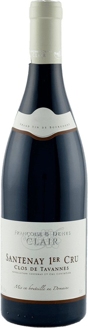 Santenay AC Clos de Tavannes 1ER 2022 Het label is traditioneel vormgegeven, met een lichte crèmekleurige achtergrond en fijne sierlijke tekst. Centraal staat de naam van de producent en het wijngebied. Er is een subtiele druiventros als grafisch element verwerkt achter de tekst. Het geheel oogt klassiek, ingetogen en elegant.