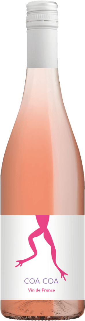 Vignerons Coöperatives Vica - VdF Coa Coa Het label toont een minimalistische afbeelding van een paar roze kikkerpoten op een witte achtergrond. Onder de poten staat in eenvoudige letters 'COA COA' gevolgd door 'Vin de France'.