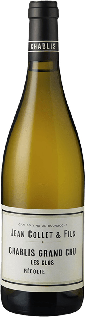 Domaine Jean Collet & Fils - Chablis AC Les Clos GC Het label is klassiek en minimalistisch vormgegeven. Het bevat voornamelijk tekst in zwarte letters op een witte achtergrond, met subtiele omlijsting. Er zijn geen afbeeldingen of illustraties aanwezig, enkel strakke typografie en duidelijke informatie over de wijn.