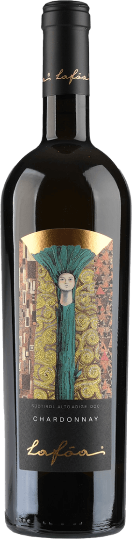 Colterenzio - Lafóa Chardonnay Het label toont een artistieke afbeelding van een gestileerde figuur met een gedetailleerde achtergrond. De naam 'Lafóa' is elegant geschreven in goudkleurige letters onderaan het label.