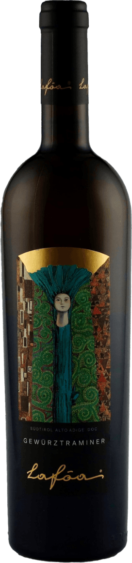 Colterenzio - Alto Adige DOC Gewürztraminer Lafóa Het label toont een artistieke afbeelding van een persoon in een lange, gedetailleerde jurk met rijke patronen. De achtergrond is versierd met abstracte en kleurrijke motieven.