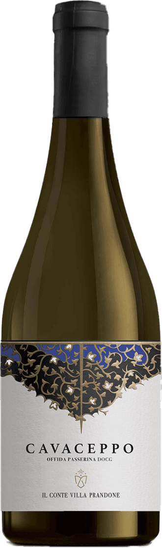 Offida Passerina DOCG Cavaceppo Het label heeft een elegante en symmetrische afbeelding met gouden decoratieve elementen die lijken op bladeren of wijnranken, tegen een donkerblauwe achtergrond. Onderaan staat de naam 'CAVACEPPO' in grote zwarte letters, gevolgd door 'OFFIDA PASSERINA DOCG' in kleinere letters daaronder. Het onderste deel van het label is wit met subtiele tekst.