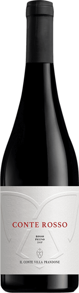 Il Conte Villa Prandone - Rosso Piceno DOP Conterosso Het label is wit met een minimalistisch ontwerp. Er zijn reliëfdetails op het label, waaronder een abstracte vorm die lijkt op een familiewapen of symbool. De tekst 'CONTE ROSSO' staat in grote rode letters centraal bovenaan, terwijl 'ROSSO PICENO DOP' en 'IL CONTE VILLA PRANDONE' in kleinere zwarte letters eronder staan.