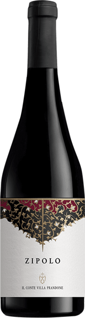 Il Conte Villa Prandone - Marche IGP Zipolo Het label heeft een elegant ontwerp met een decoratief patroon in goud en zwart dat doet denken aan klassieke ornamenten. Het centrale deel van het label is wit met de naam 'ZIPPOLO' prominent in grote, zwarte letters. Onderaan staat de naam van de producent 'IL CONTE VILLA PRANDONE' in kleinere letters.