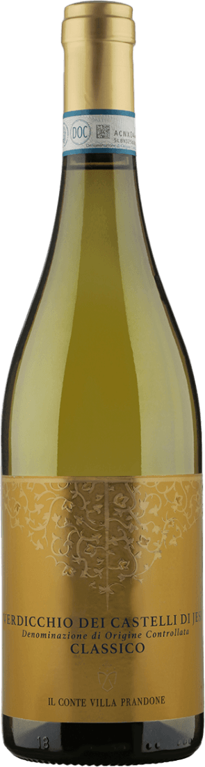 Verdicchio dei Castelli di Jesi DOC Verdicchio Classico Het label is goudkleurig met een sierlijk, klassiek patroon in het midden. In het patroon zijn florale en decoratieve elementen verwerkt die doen denken aan een familiewapen of schild. De tekst is in klassieke hoofdletters gedrukt, wat het geheel een traditionele uitstraling geeft.