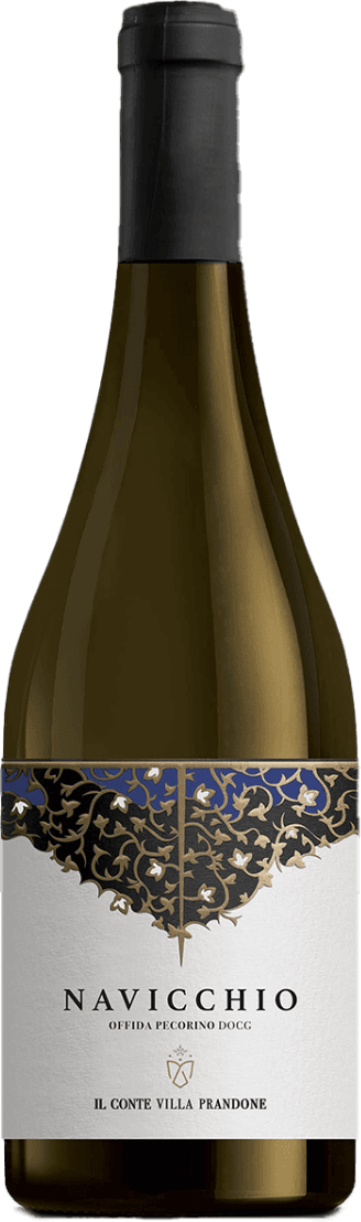 Domaine Jean Jacques Confuron - Côte de Nuits Villages AC La Montagne Het label heeft een elegant patroon met gouden en blauwe kleuren, dat lijkt op een sierlijk ontwerp van bladeren of wijnranken. De naam 'NAVICCHIO' staat in grote letters centraal onder het patroon, gevolgd door kleinere tekst die de appellatie aangeeft. Het geheel heeft een klassieke en verfijnde uitstraling.