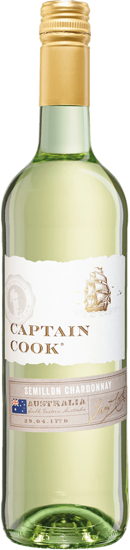 Het label toont een klassieke uitstraling met een witte achtergrond en reliëf gescheurde randen. Aan de linkerkant staat een portret in een zegelvorm en aan de rechterkant een getekend zeilschip. De naam 'Captain Cook' staat prominent in grote gouden letters. Onderaan het hoofdlabel is een tweede, kleiner label met een Australische vlag, tekst en handtekening.