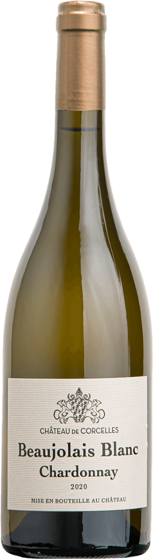 Beaujolais AOP 2022 Het label toont een traditioneel ontwerp met centraal bovenaan een familiewapen of embleem. Daaronder staat de tekst 'Château de Corcelles' in sierlijke letters, gevolgd door de naam van de wijn 'Beaujolais Blanc Chardonnay'. Het jaartal 2020 is ook vermeld op het label.