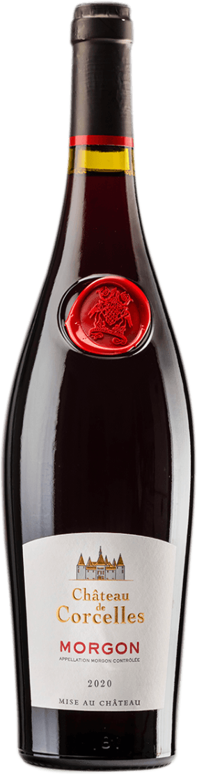 Château de Corcelles - Morgon AC 2022 Het label toont een afbeelding van een kasteel in een minimalistische stijl. Onder het kasteel staat de tekst 'Château de Corcelles' en daaronder 'Morgon'. De kleuren zijn overwegend wit met goudkleurige en rode accenten. Er is ook een reliëf van een zegel bovenaan de fles.