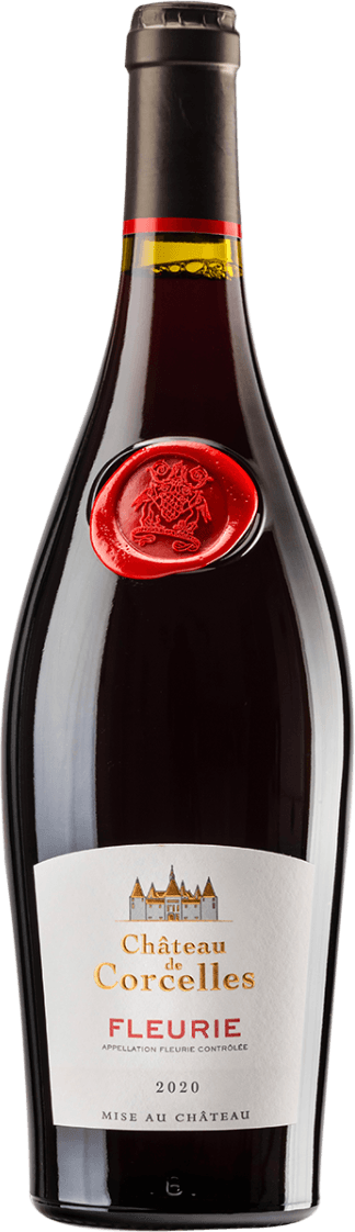 Château de Corcelles - Fleurie AC Het label toont een afbeelding van een kasteel met de tekst 'Château de Corcelles' en 'Fleurie'. De stijl is traditioneel en elegant.