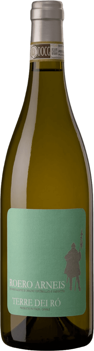 Azienda Agricola Cornarea - Roero Arneis DOCG Terre dei Ro' Het label toont een silhouet van een persoon met een speer, vermoedelijk een historisch figuur. De achtergrond is effen en de tekst op het label is eenvoudig en strak vormgegeven.