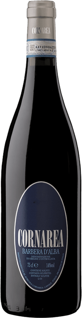 Azienda Agricola Cornarea - Barbera d'Alba DOC Het label is donkerblauw met een ovale vorm. De naam 'CORNAREA' staat in grote witte letters bovenaan, gevolgd door 'BARBERA D'ALBA' in iets kleinere letters. Onderaan staan details zoals het volume en alcoholpercentage.