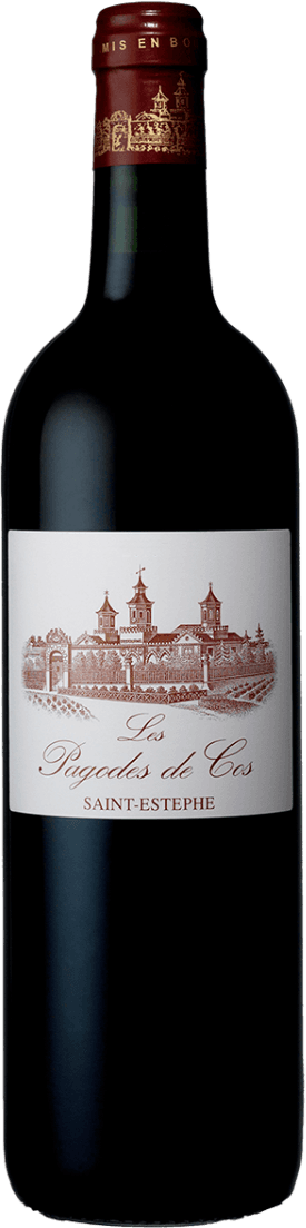 Château Cos d'Estournel - Les Pagodes de Cos, 2e wijn Het label toont een gedetailleerde tekening van een kasteel of wijnhuis met torens en muren. De naam 'Les Pagodes de Cos' staat in sierlijke letters onder de afbeelding, gevolgd door 'SAINT-ESTEPHE'.