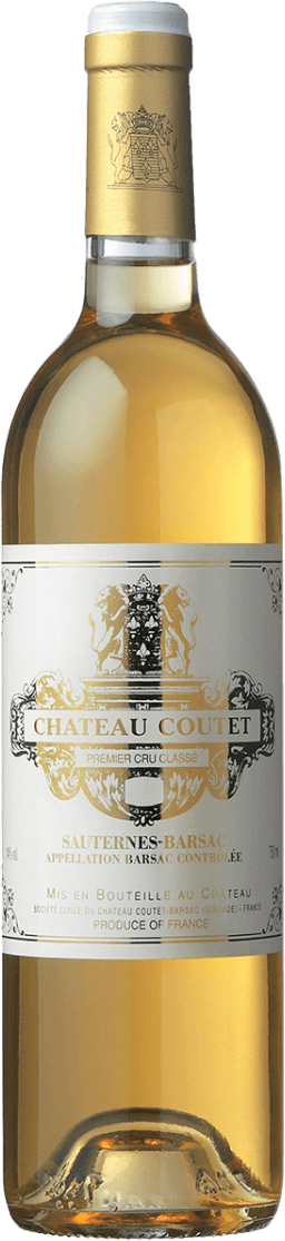 Château Coutet - Sauternes AC 1er Cru Classé Het label toont een traditioneel ontwerp met een familiewapen en sierlijke patronen. De naam 'Château Coutet' staat centraal, omgeven door decoratieve elementen die een klassieke uitstraling geven.