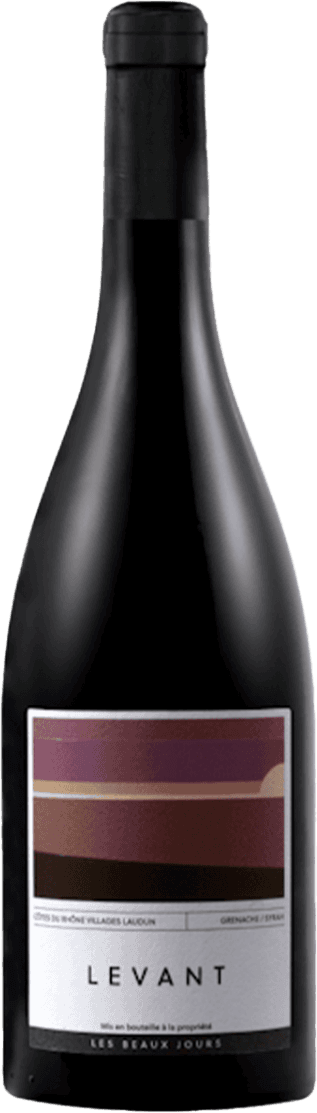 Les Beaux Jours - Laudun AC Levant Het label toont een abstracte afbeelding met horizontale kleurvlakken in verschillende tinten, waaronder paars, roze, bruin en beige. Onderaan staat de naam 'LEVANT' in grote letters.