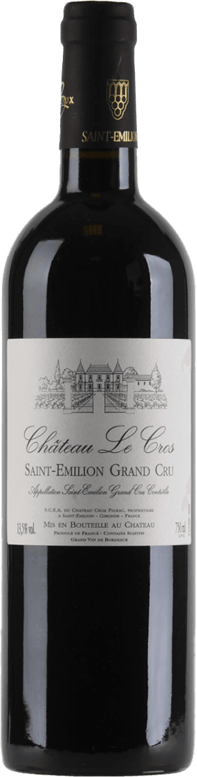 Château Le Cros - Saint Émilion AC Grand Cru 2019 Het label toont een gedetailleerde tekening van een kasteel. Boven de tekening staat de naam 'Château Le Cros' en daaronder 'Saint-Emilion Grand Cru'. Onderaan het label staan details over de herkomst en inhoud van de wijn.