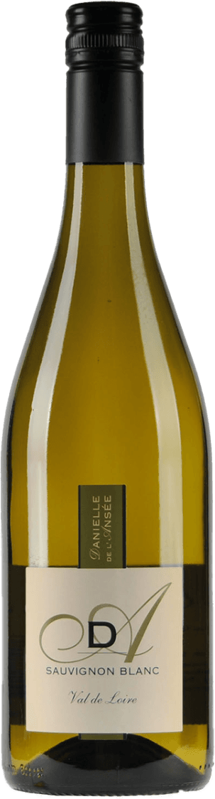 Touraine Blanc AC Sauvignon Blanc 2024 Het label is rechthoekig en heeft een minimalistisch ontwerp. Op het label staan sierlijke initialen 'DA' prominent afgebeeld, met daaronder de tekst 'Sauvignon Blanc' en 'Val de Loire'. Aan de zijkant van het label staat verticaal een goudkleurig vlak met daarin de naam van de wijnmaakster. Het geheel oogt strak, modern en rustig zonder afbeeldingen of illustraties.