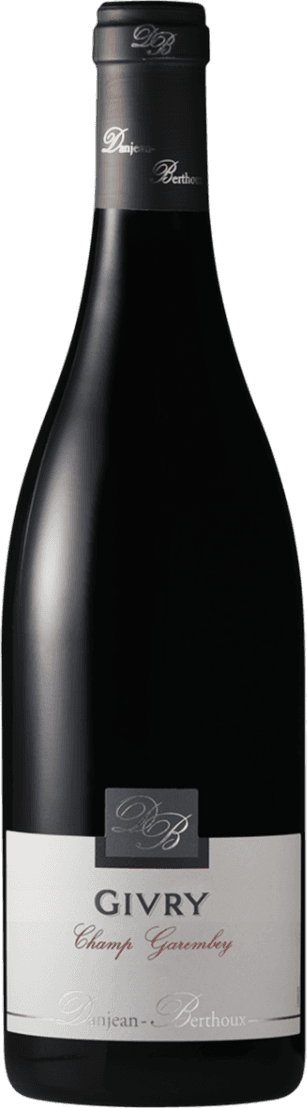 Givry AC Champ Garembey 2023 Het label van de wijnfles is eenvoudig en traditioneel. Het heeft grote letters voor de naam 'GIVRY' in het midden, met daaronder in kleinere letters 'Champ Garembey'. Bovenaan is een embleem of monogram te zien met de initialen 'DB', wat waarschijnlijk verwijst naar Domaine Danjean-Berthoux.