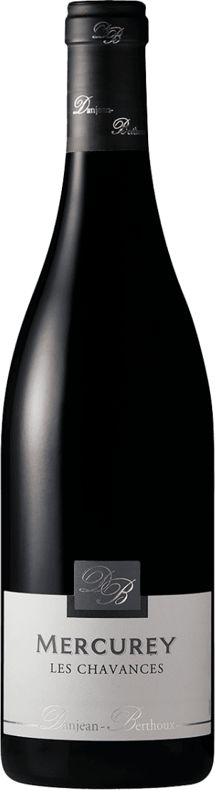 Domaine Danjean-Berthoux - Mercurey AC Les Chavances Een elegant en minimalistisch label met de tekst 'Mercurey Les Chavances' in grote, duidelijke letters. Het heeft een klassieke uitstraling met een modern tintje door het gebruik van strakke lijnen en weinig decoratieve elementen.