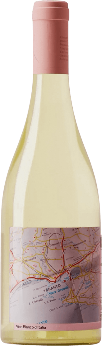 Campi Deantera - Campo Minimo Bianco Het label toont een kaart of plattegrond, vermoedelijk van een regio in Italië (mogelijk Salento of Taranto). De kaart heeft verschillende gekleurde lijnen en aanduidingen die wegen en locaties voorstellen. Er is geen afbeelding van mensen, dieren of fruit, maar de kaart zelf is het centrale visuele element. Onderaan het label staat in kleine letters 'Vino Bianco d'Italia' op een lichtroze strook.