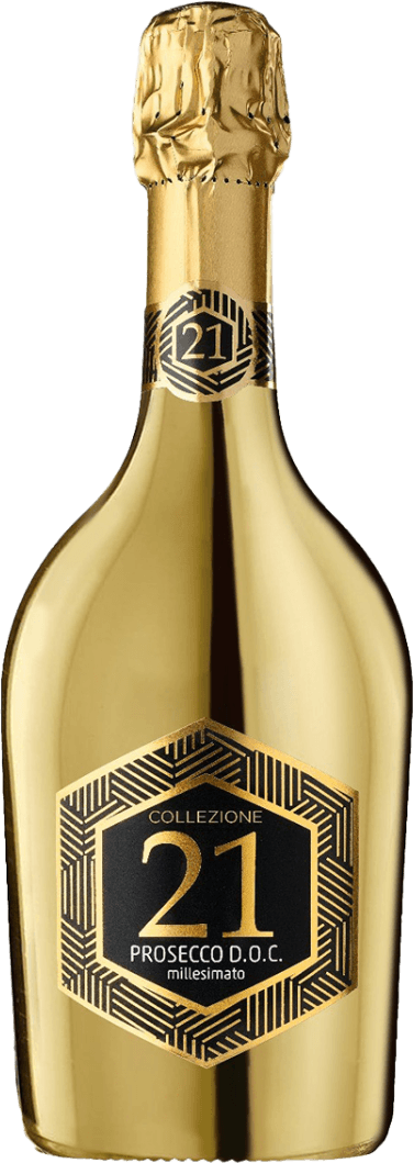 Vinicola Decordi - Prosecco DOC Extra Dry, Selezione 21, Gold Bottle Het label heeft een geometrisch ontwerp met een groot '21' centraal in het midden, omgeven door de tekst 'Collezione' en 'Prosecco D.O.C. millesimato'. Het label heeft een moderne uitstraling met gouden en zwarte tinten.