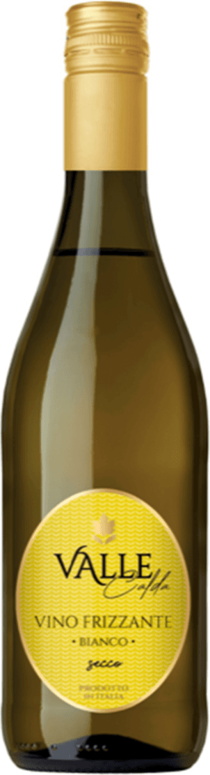 Vino Frizzante Valle Calda Het label heeft een gele achtergrond met een subtiele zigzagpatroon. Bovenaan staat de naam 'VALLE' in grote zwarte letters, en daaronder in kleinere letters 'Vino Frizzante'. Er is ook een klein logo of symbool boven de naam.
