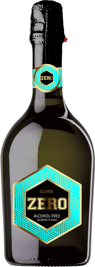 Vinicola Decordi - Cuvée Zero Alcohol Free Het label heeft een opvallende zeshoekige vorm met een gouden rand. Binnen de zeshoek staat een modern patroon van turquoise lijnen op een zwarte achtergrond. In het midden staat de naam van de wijn in grote, goudkleurige letters. Het label oogt modern, strak en heeft een grafische, geometrische uitstraling. Ook rond de hals van de fles zit een bijpassend label met hetzelfde patroon en kleuren.