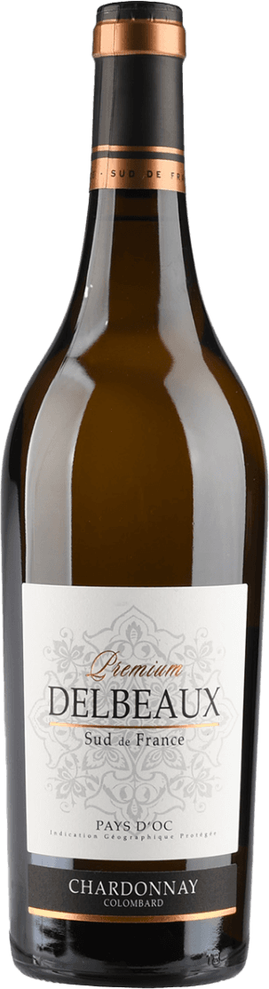 Delbeaux - Pays d'Oc IGP Premium Chardonnay-Colombard Het label toont sierlijke patronen met de tekst 'Premium Delbeaux Sud de France' in een elegante opmaak. Onderaan staat 'Pays d'Oc Chardonnay Colombard'.