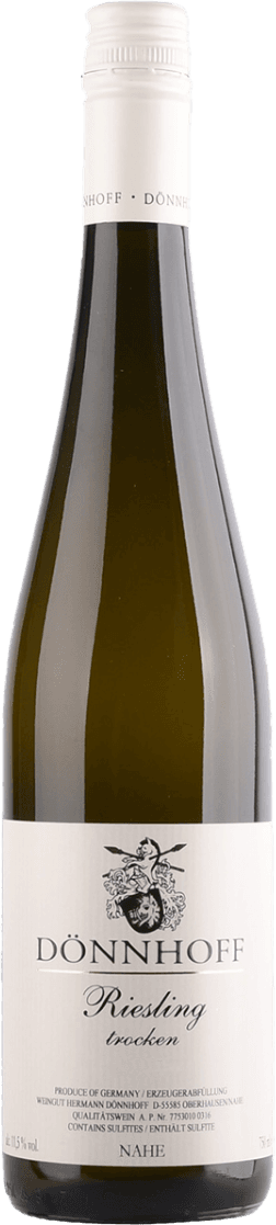 Weingut Hermann Dönnhoff - Nahe Riesling Trocken Fass No 1 2021 Het label is wit met een traditioneel ontwerp. Bovenaan staat de naam 'Dönnhoff' in grote letters, daaronder 'Riesling trocken' in sierlijke letters. In het midden van het label bevindt zich een tekening van een familiewapen of embleem.
