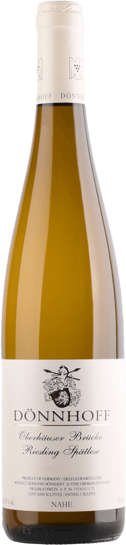 Weingut Hermann Dönnhoff - Nahe Riesling Oberhauser Spätlese Het label is klassiek en minimalistisch vormgegeven, voornamelijk wit met zwarte tekst. Centraal bovenaan staat een familiewapen of schild met sierlijke elementen. De naam 'Dönnhoff' is groot weergegeven, daaronder in kleinere letters de wijnnaam en herkomst. Het geheel straalt traditie en elegantie uit.