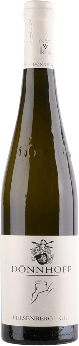 Schlossbockelheim Riesling Felsenberg Felsentürmchen GG Het label toont een traditioneel ontwerp met een familiewapen bovenaan. Er zijn geen afbeeldingen van dieren of fruit, maar er is een abstracte illustratie van een kasteel of toren onder het wapen. De tekst op het label is in grote letters weergegeven.