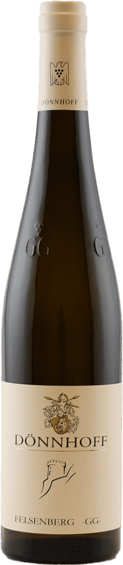 Weingut Hermann Dönnhoff - Schlossbockelheim Riesling Felsenberg GG Het label van de wijnfles toont een traditioneel ontwerp met een familiewapen bovenaan. Onder het wapen staat de naam 'DÖNNHOFF' in grote, duidelijke letters. Onderaan is er een gestileerde tekening van een kasteel of toren. Het geheel heeft een klassieke uitstraling.