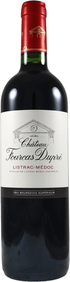 Château Fourcas Dupré - Listrac en Médoc AC Cru Bourgeois Supérieur 2020 Het label toont een lijntekening van een gebouw, mogelijk een kasteel of wijnhuis. De naam 'Château Fourcas Dupré' staat prominent in sierlijke letters weergegeven. Daaronder staat 'Listrac-Médoc' in rode hoofdletters.
