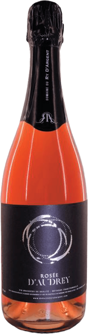 Vin Mousseux de Qualité de Belgique Rosée d'Audrey 2017 Het label is zwart met een abstract wit patroon dat lijkt op een cirkelvormige beweging. Onderaan het label staat de tekst 'Rosée d'Audrey' in witte letters.