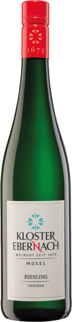 Kloster Ebernach - Mosel Riesling Trocken Het label toont de tekst 'Kloster Ebernach' met daarboven een symbool dat doet denken aan een ster of kruisvorm. Er is ook een vermelding van 'Mosel' en 'Riesling Trocken'.