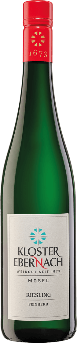 Kloster Ebernach - Mosel Riesling Feinherb 2023 Het label is klassiek en minimalistisch vormgegeven. Centraal staat de naam 'Kloster Ebernach' met daarboven een strak, gestileerd symbool dat doet denken aan een kruis of bloemmotief in turquoise en goud. Onder de naam staan subtiel het wijnhuis, regio en type wijn vermeld. Het kleurgebruik is rustig met vooral wit, zwart, turquoise en rode accenten.