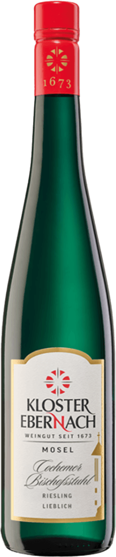 Kloster Ebernach - Cochemer Bischofsstuhl Riesling QbA 2024 Het label toont de tekst 'Kloster Ebernach', met daarboven een rood symbool en het jaartal 1673. Onderaan is een afbeelding van een kerk of klooster te zien.