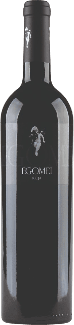 Finca Egomei - Rioja DOC Tinto Het label toont een afbeelding van een engelachtig figuur in het midden, met daaronder de tekst 'EGOMEI' en 'RIOJA'. Het is minimalistisch vormgegeven met weinig details verder.