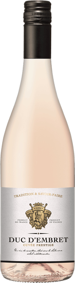 Duc d'Émbret Rosé Het label heeft een traditioneel ontwerp met een familiewapen in het midden. Boven het wapen staat de tekst 'Tradition & Savoir-Faire'. Onder het wapen staat de naam 'Duc d'Embret Cuvée Prestige'.