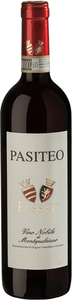 Cantina Fassati - Vino Nobile di Montepulciano DOCG Pasiteo Het label toont de naam 'PASITEO' in grote letters bovenaan. Daaronder staan twee familiewapens of schilden, met daaronder de naam 'Fassati'. Onderaan staat 'Vino Nobile di Montepulciano' en een beschrijving van de herkomstbenaming.