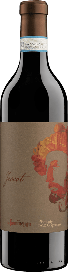 Tenuta La Fiammenga - Jescot Grignolino Het label toont een abstracte kunstvorm met warme kleuren en de naam 'Jescot'. Er is een artistieke weergave van een gezicht of figuur in oranje en rode tinten.