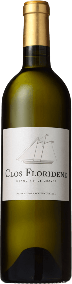 Clos Floridène - Clos Floridène Graves AC Het label toont een gestileerde tekening van een zeilschip. De tekst 'Clos Floridène' is prominent aanwezig onder de afbeelding, gevolgd door 'Grand Vin de Graves'. Onderaan het label staan de namen 'Denis & Florence Dubourdieu'. Het ontwerp is minimalistisch en elegant.