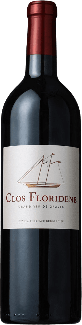 Graves AC 2021 Het label toont een gestileerde tekening van een zeilschip in goudkleur. De naam 'Clos Floridene' staat prominent in rode letters onder de tekening, met daaronder kleinere tekst 'Grand Vin de Graves'.