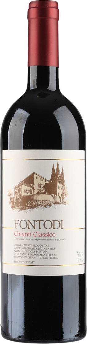 Azienda Fontodi - Chianti Classico DOCG Het label toont een tekening van een Toscaans landhuis of wijnhuis met cipressen ernaast, uitgevoerd in een klassieke stijl. De naam 'FONTODI' staat prominent in grote letters, met daaronder 'Chianti Classico' in een kleinere, rode letter. Het label is verder rustig gehouden met een lichte achtergrond en enkele gouden lijnen als subtiele omlijsting.