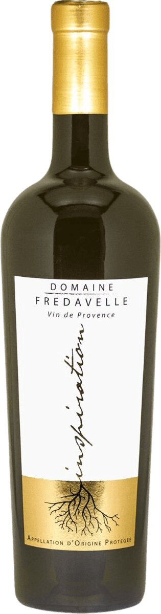 Domaine Fredavelle - Cuvée Inspiration Coteaux d'Aix-en-Provence AOP 2018 Het label toont een minimalistisch ontwerp met de naam 'Domaine Fredavelle' bovenaan en 'inspiration' verticaal in het midden. Onderaan is er een illustratie van zwarte wortels op een gouden achtergrond.