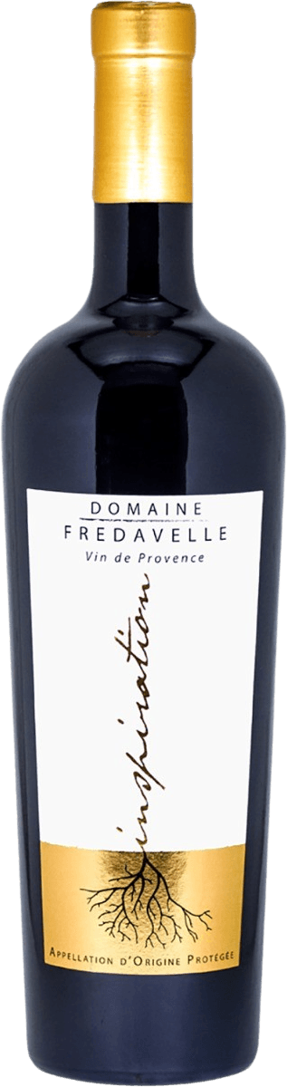 Domaine Fredavelle - Coteaux d'Aix-en-Provence AOP Cuvée Inspiration Het label van de wijnfles toont een minimalistisch ontwerp met een witte achtergrond. In het midden staat in cursieve letters het woord 'inspiration', verticaal geschreven. Onderaan is er een goudkleurige band met een tekening van wortels die naar beneden wijzen.