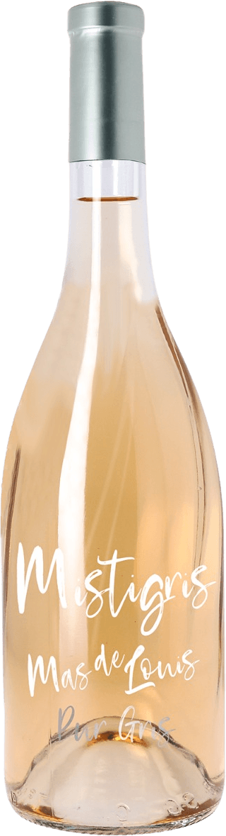 Domaine Mas de Gachon - Pays d'Oc IGP Mistigris BIO Het label toont de tekst 'Mistigris Mas de Louis Pur Gris' in een speels, handgeschreven lettertype. Er zijn geen afbeeldingen of decoraties verder zichtbaar op het label.